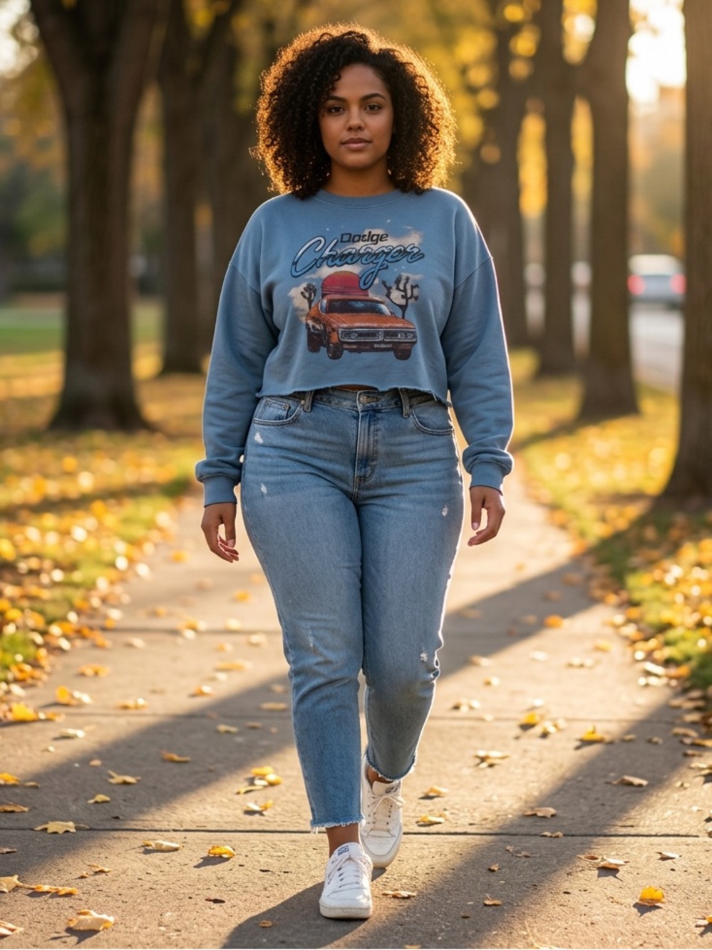 Dodge Charger Graphic Raw Hem Cropped Sweatshirt Blue Size XXL